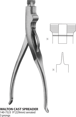 Walton Cast Spreader, 3 Prong, Serrated Jaws, W/ Spring Action For One-Hand Operation, 9" (23.0 Cm)